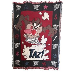 Vintage 1996 Warner Bros Taz Tasmanian Devil Woven Tapestry Throw Blanket 46x66